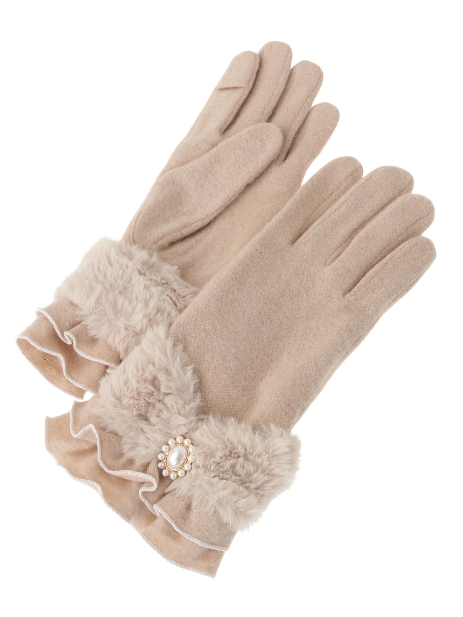 

[Maison de Fleur] Apparel Fur Ribbon Frill Gloves for Women, Light Beige