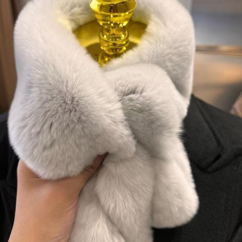 Women Winter Warm Thicken Cross Collar Scarf Solid Color Faux Rabbit Fur Cold Proof Scarves Fashion Soft Furry Neck Warmer
