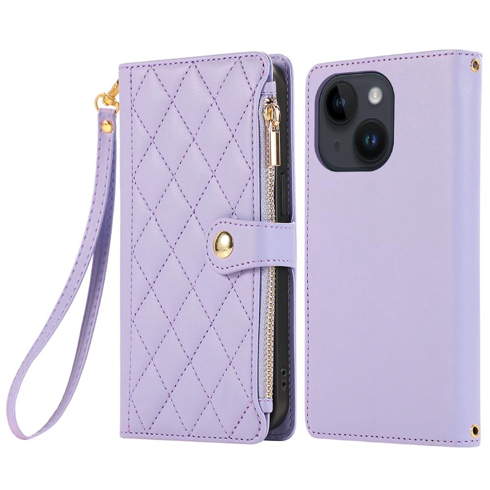 

For iPhone 15 Case Multi Card Slots Zipper Rhombus Leather Phone Cover with Wrist Strap D