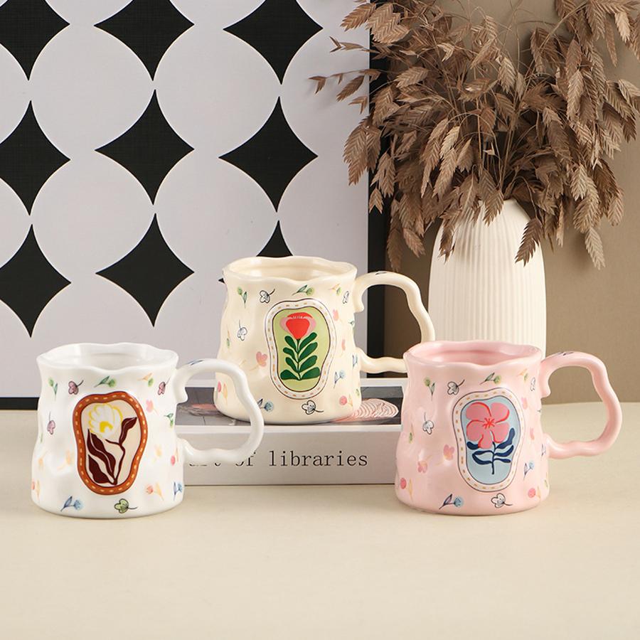 Hand-painted Floral-patterned, Uniquely Shaped Ceramic Mug, 380ml
