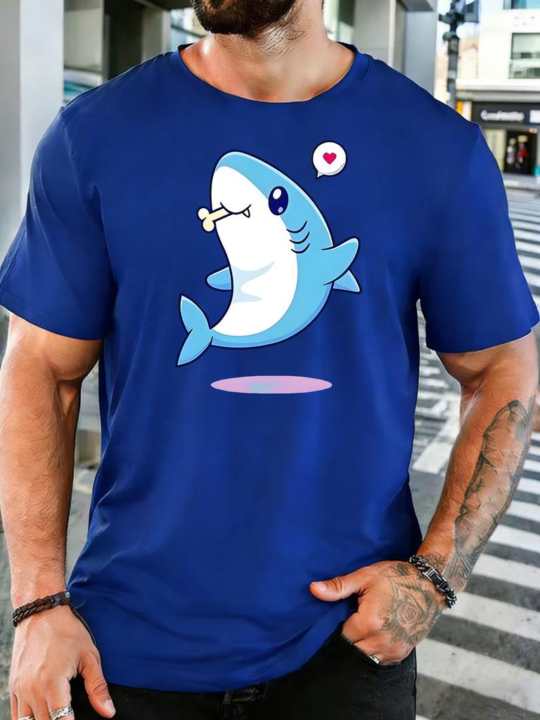 Unisex Crew Neck Tee Lovely Cartoon Shark Heart Eleunisext Print Short Sleeve Top Summer Daily Outdoor Loose Soft Casual Basic Wear