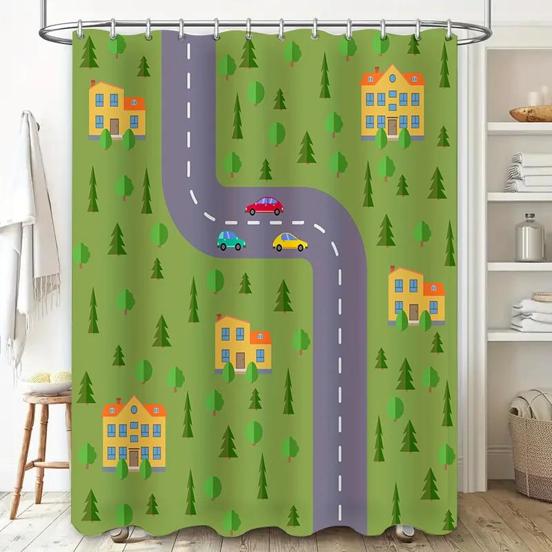 

Children s Cartoon Shower Curtain with Colorful Houses and Trees Green Background Pattern Decorative Fabric for Bathrooms W90xH180cm