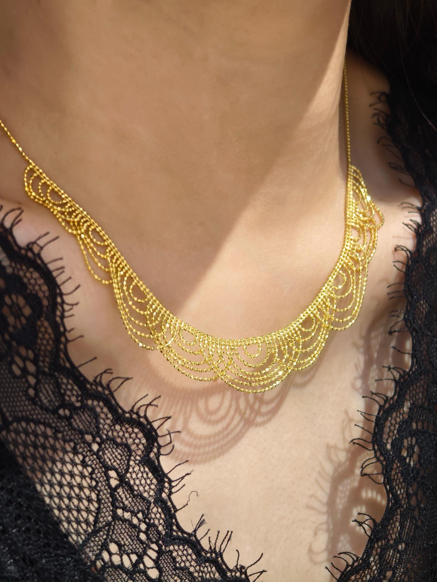 

Women s S925 Sterling Silver Gold-Plated Lace Necklace – Thick Mesh Silk Ribbon Water Wave Design, Italian Craftsmanship, Popular Item. 925 Sterling Silver