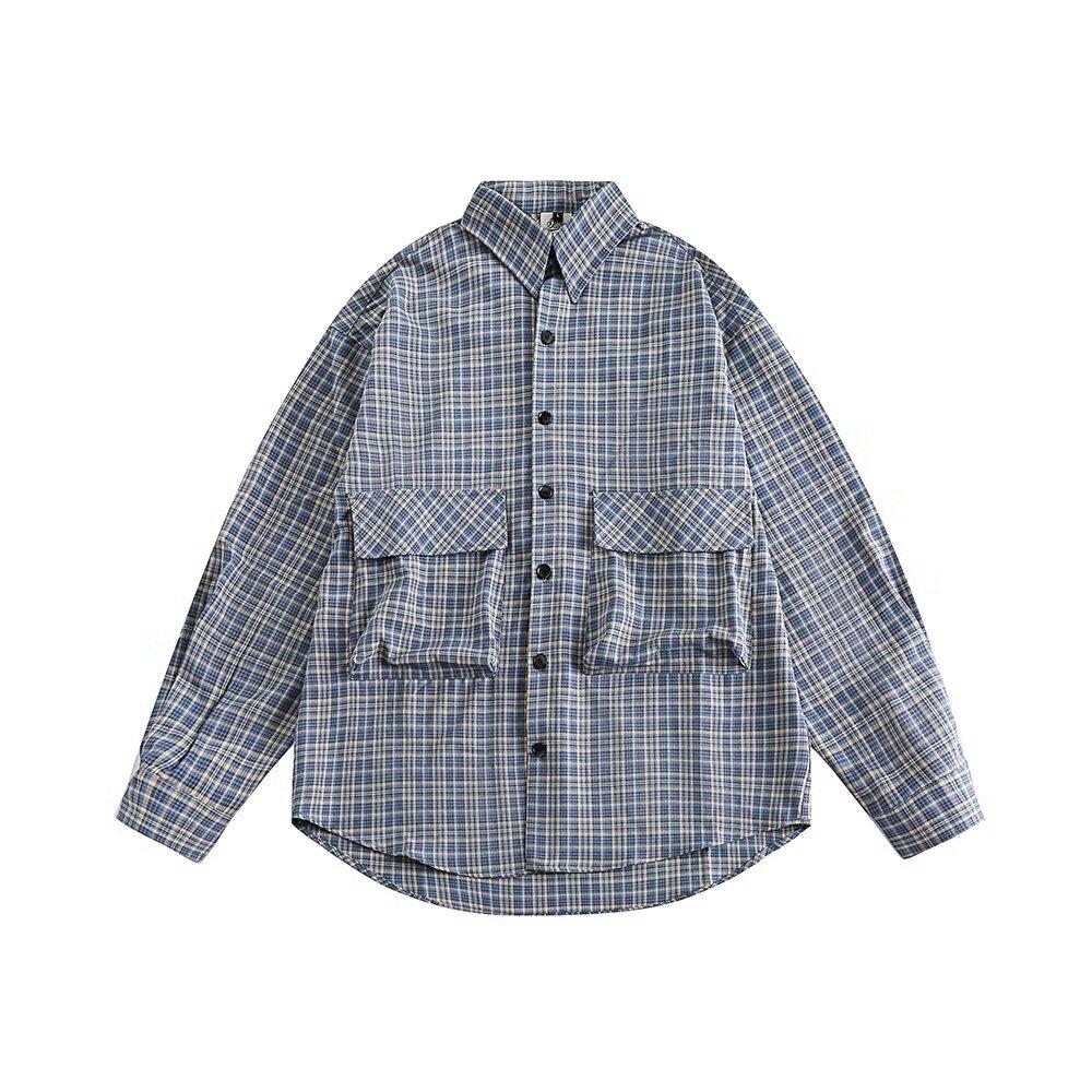 Japanese-Style Retro Large Pocket Plaid Long-Sleeved Shirt Men and Women Vintage Multi-Pocket Couple Contrast Color Shirt Coat