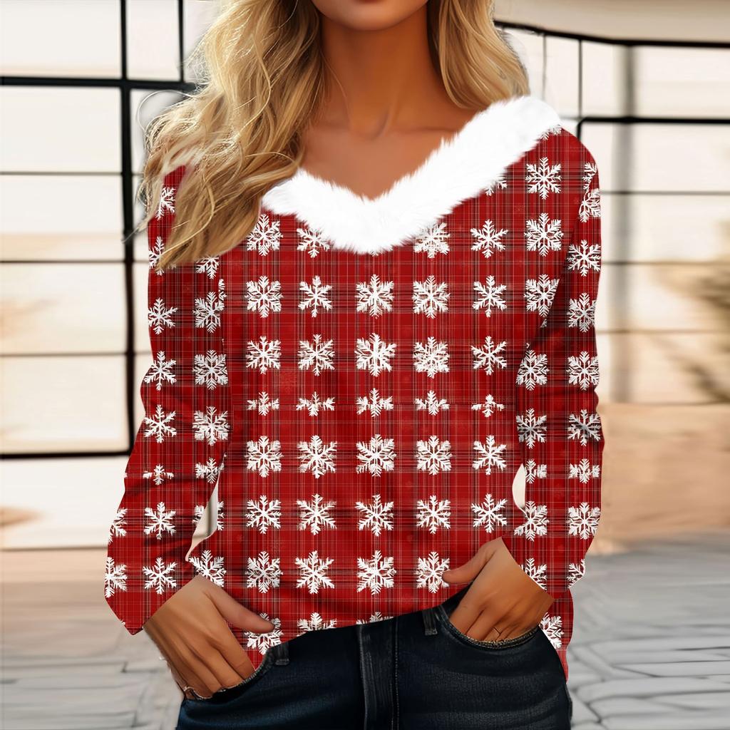 Damen T-Shirt Weihnachten Langarmshirt Party Weihnachten Fleecekragen V-Ausschnitt Top