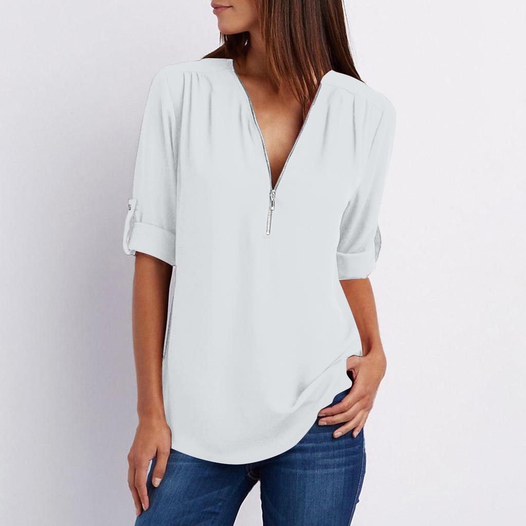 Women's Color Casual Fashion V-neck Zipper Long Sleeved Loose Chiffon Top With Adjustable Sleeves