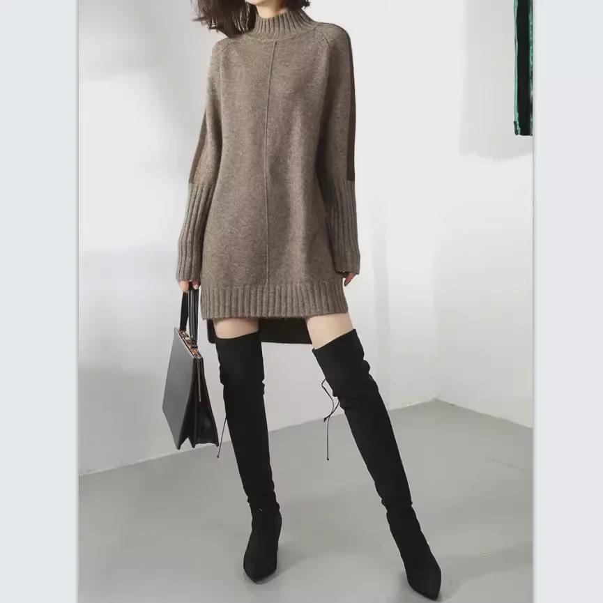 Women's Autumn Colorblock Half-Turtleneck Knitted Dress Sweater - Loose Mid-Length Style