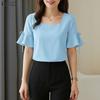 Women Square Collar Solid Color Summer Loose Half Sleeve Blouse
