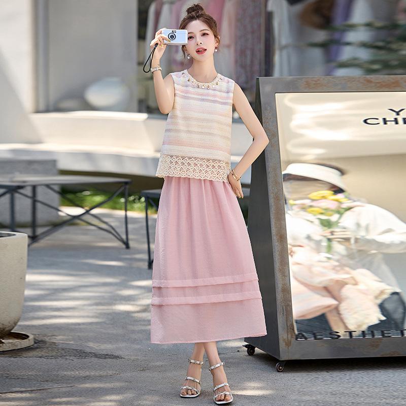 

Модный костюм лето новый кружевной топ без рукавов юбка M розовый