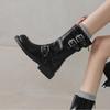 Women's Retro Martin Boots, Round Toe, Autumn/Winter, Metal Accent, Ankle-Length, Cowboy Style, Thick Sole.