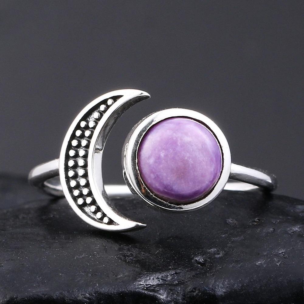 Moonstone CopperMoon Ring, Vintage Crescent & Starry Pattern Open Ring, Boho Women's Fashion Jewelry Cross-Border Gift