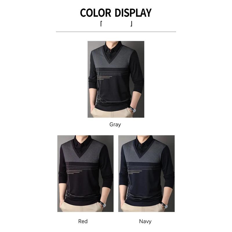 Browon Falsk Tvådelad Herr T-shirts 2025 Vår Och Höst Randigt Tryck Långärmad T-shirt Toppar Herr Business Casual Herrkläder