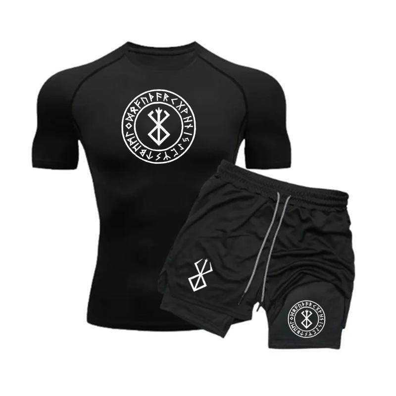 Men's Anime Double-Layer Quick-Dry Shorts & Tee Set for Outdoor Running & Fitness