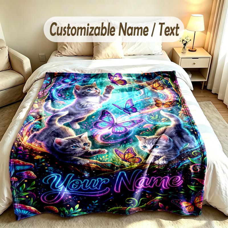 Butterfly Theme Soft Blanket Personalized Custom Name Text Print Warm Blanket Home Sofa Bedroom Decor
