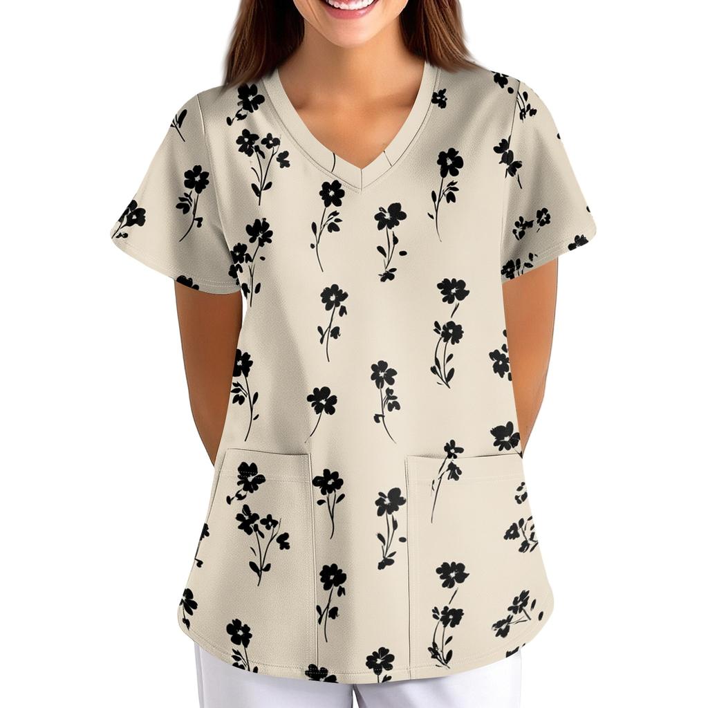 Loose Fit V Neck Pocket Short Sleeve Medical Scrub Top Floral Pattern Nurse Uniform Workwear for Healthcare Professionals