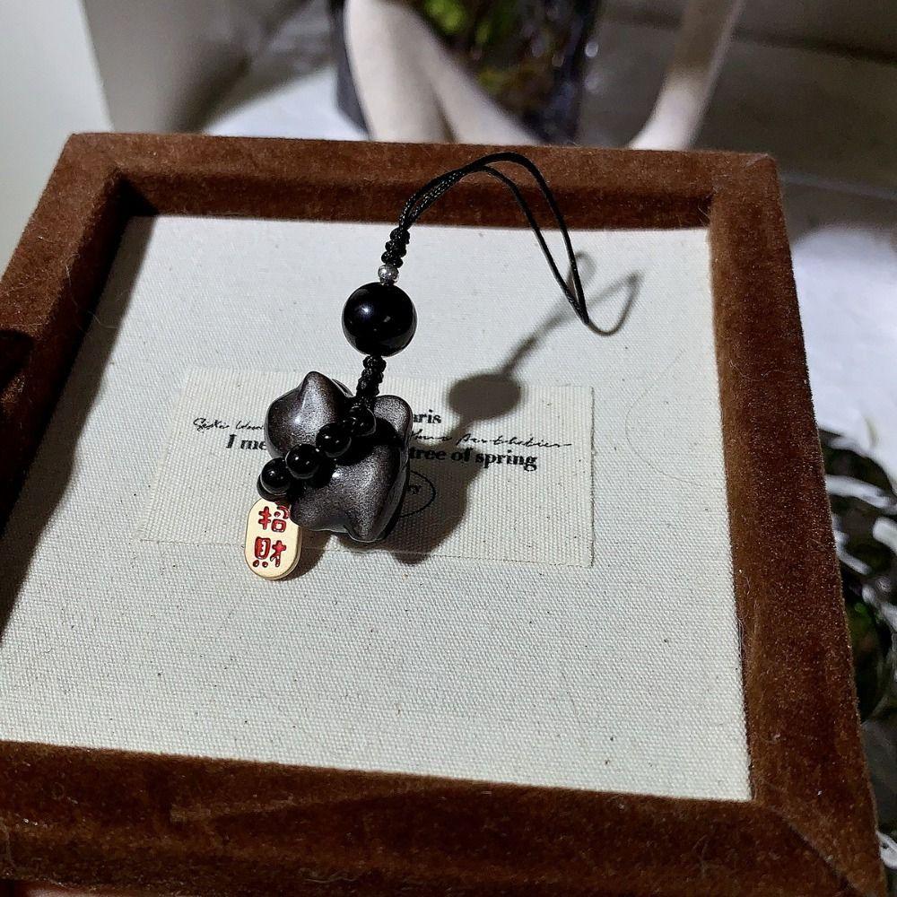 Silver Obsidian Cat Bag Charms Stone Car Key Ring Creative Lucky Cat Braid Rope Pendant  Couple