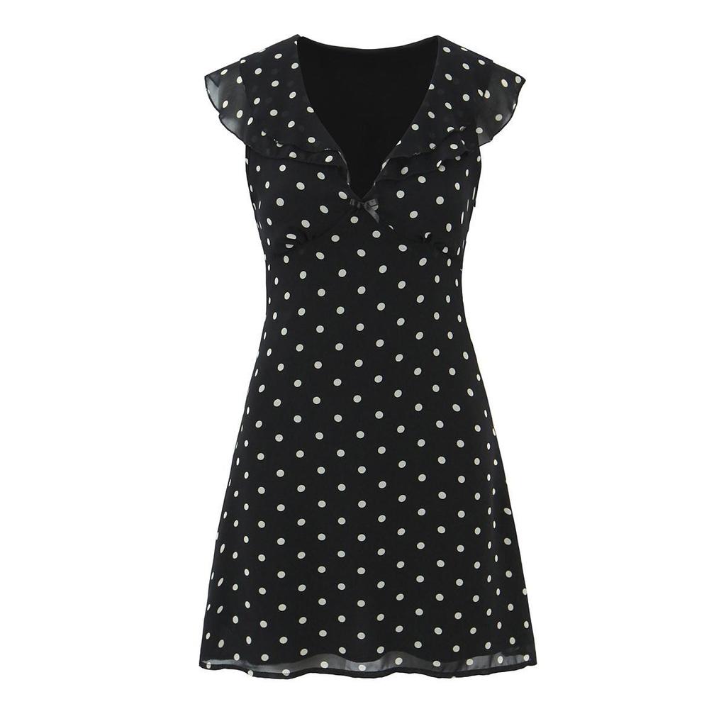 2026 Chic Polka Dot Ruffle Chiffon V-Neck Mini Dress