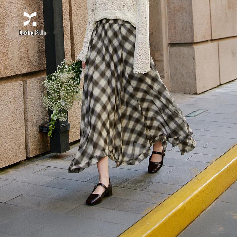 Women s Retro Plaid High-Waist A-Line Midi Skirt S