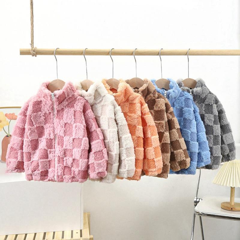 3-12 Years Kids Plush Plaid Coat Zipper Jacket
