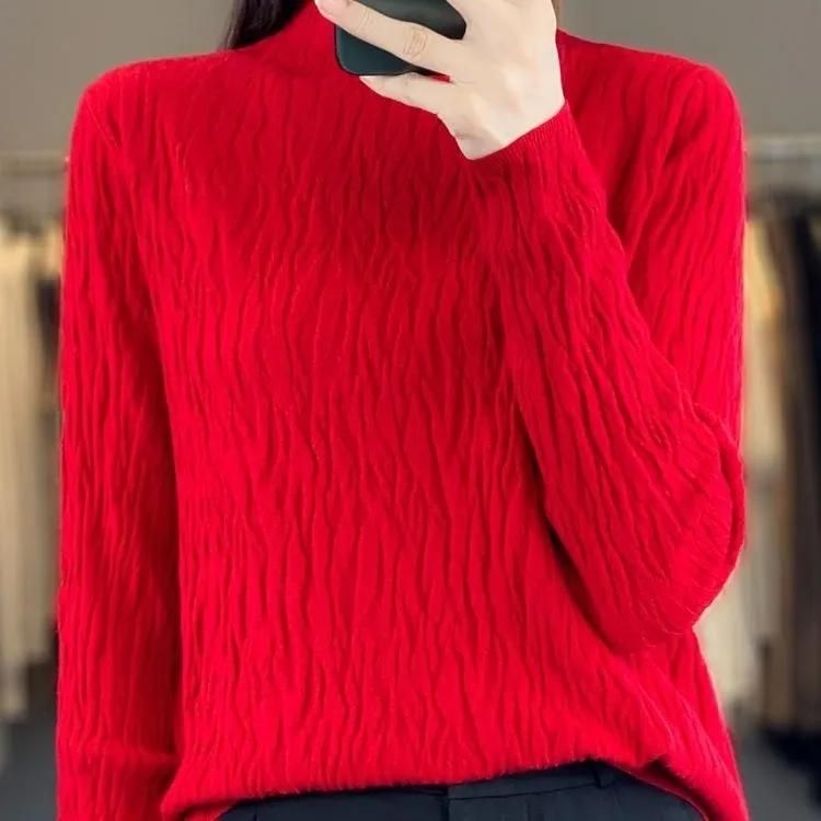 Damen Frühling und Herbst Pullover Halber Stehkragen Unregelmäßiger Pullover Weiblich Weich Lässig Gestricktes Oberteil