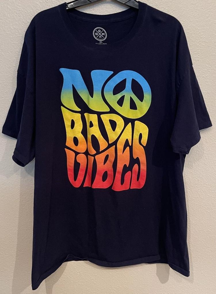 DOM Mens Blue Graphic 100% Cotton T-shirt Mens Tees Top No Bad Vibes Peace Sz 2XL Mens Groovy Logo Rare