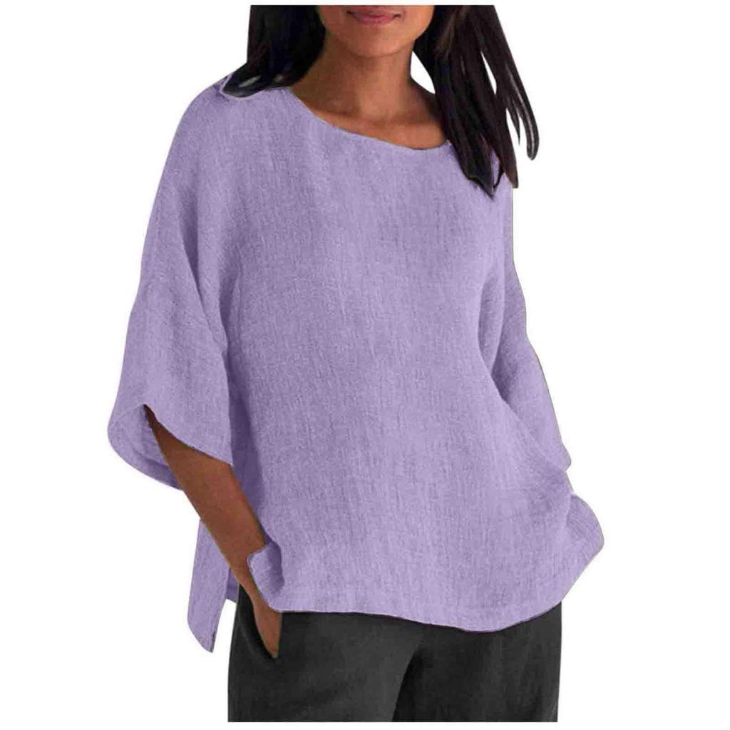 Women's Cotton Linen Three-Quarter Sleeve Shirt - Round Neck Top