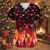 Women's Fashion Christmas Print V-Neck Short Sleeve Caregiver Work Top with Pockets