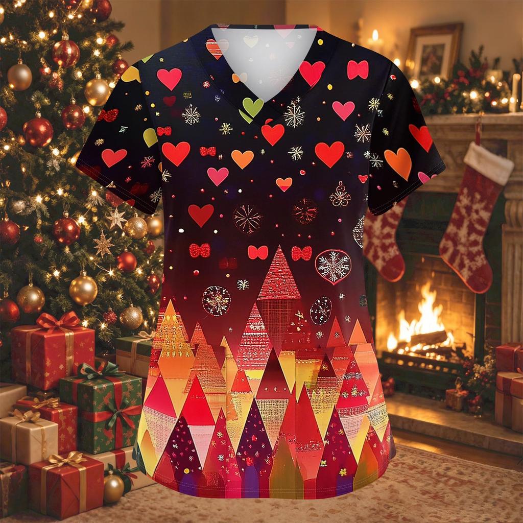 Women's Fashion Christmas Print V-Neck Short Sleeve Caregiver Work Top with Pockets