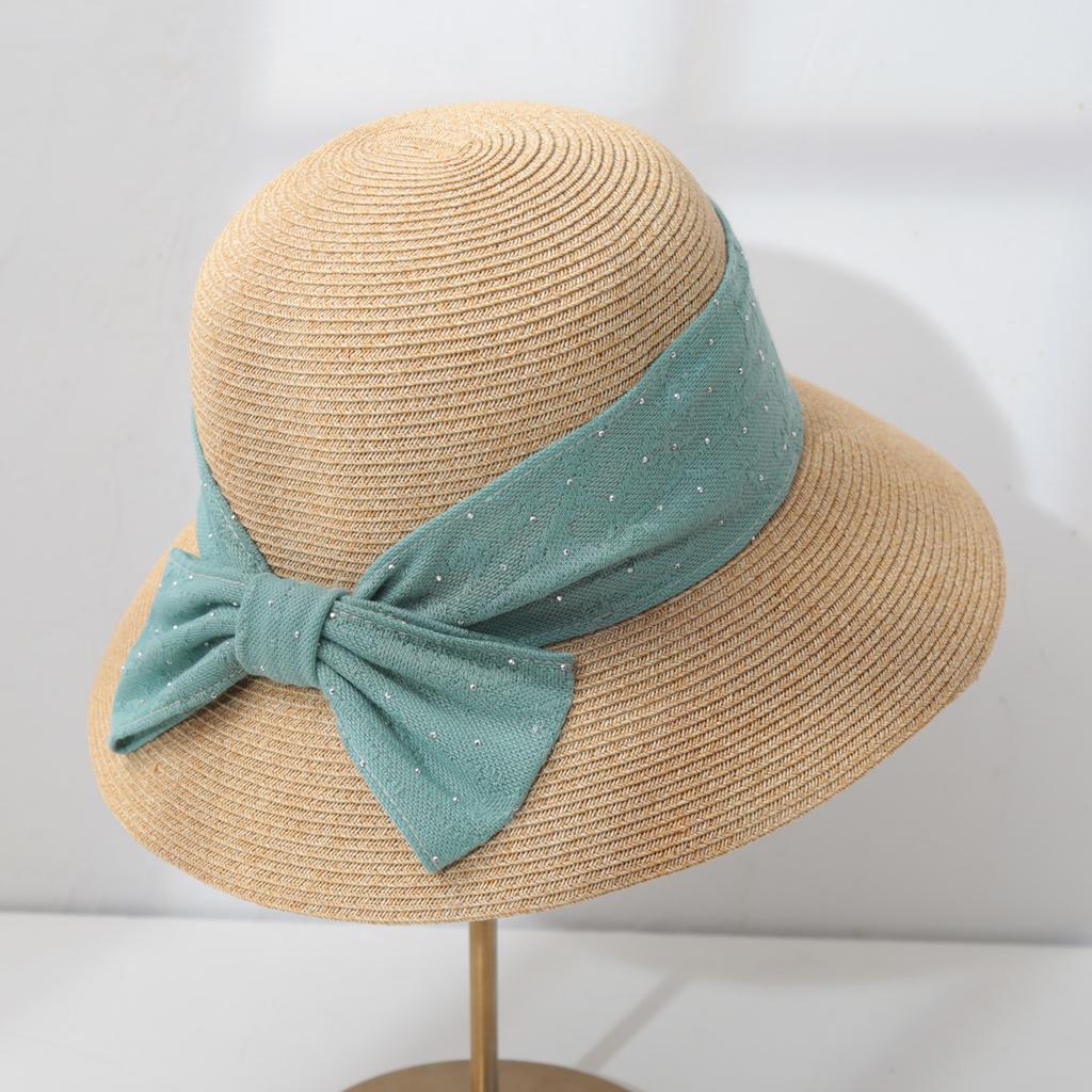French elegant big eaves sunshade straw hat female retro seaside vacation showing face small foldable bow bucket hat