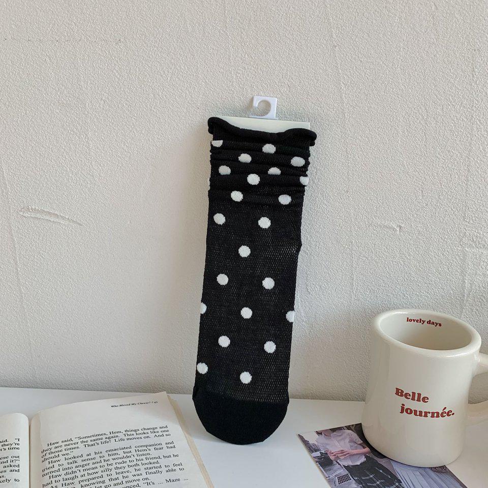 Women s Spring/Summer Thin Striped Slouch Socks - Japanese Academic Style Polka Dot Mid-Calf Socks One Size