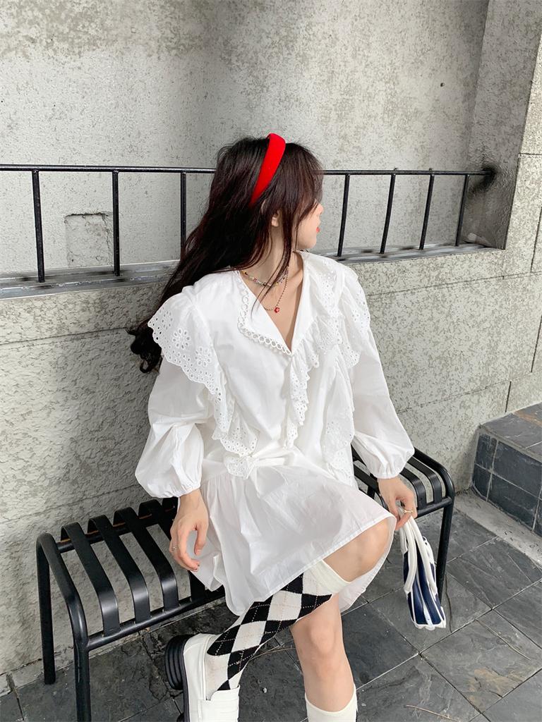 (inner lining + original fabric) white doll skirt women's hollow lace loose skirt autumn dress French dress
