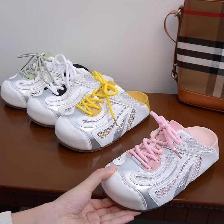 Muffin thick bottom mesh breathable bag head half slippers women's summer wear 2025 new one-pedal lazy ugly cute sandals