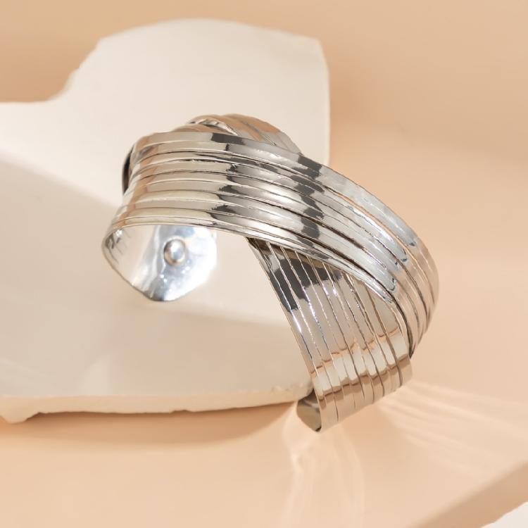 Modern Punk Bracelet Metal Bangles Geometric Arm Bracelet Wide Wrist Jewelry Metal Texture Present for Women and Girls
