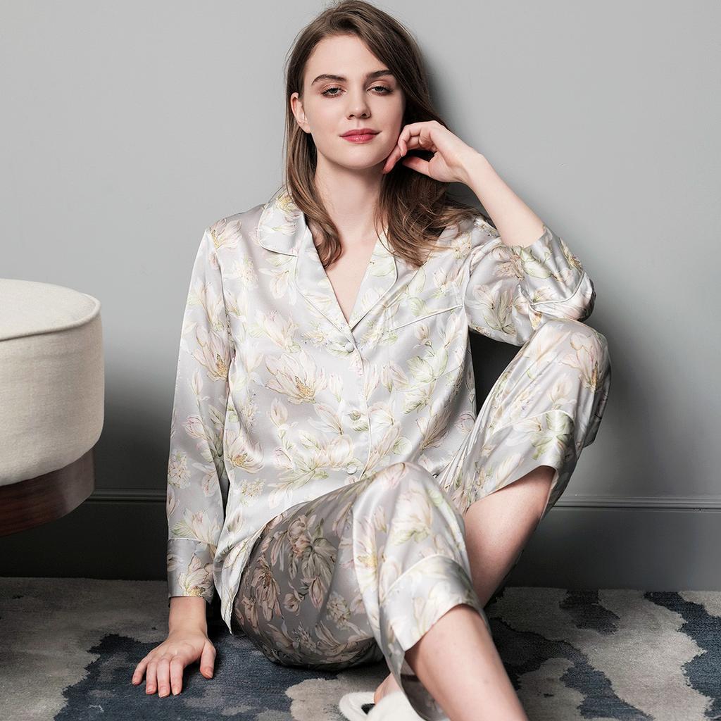 19mm 100% mulberry silk printed lapel long sleeved silk sleepwear comfortable home wear for women