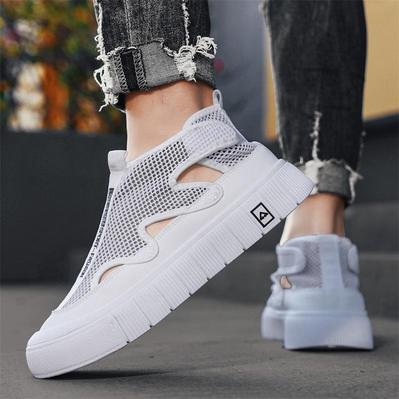 

Сандалии с толстой подошвой, с полым дышащим носком, для мужчин, новые, дышащая сетка, спортивные, повседневные, удобные, персонализированные, увеличивающие рост 44 белый