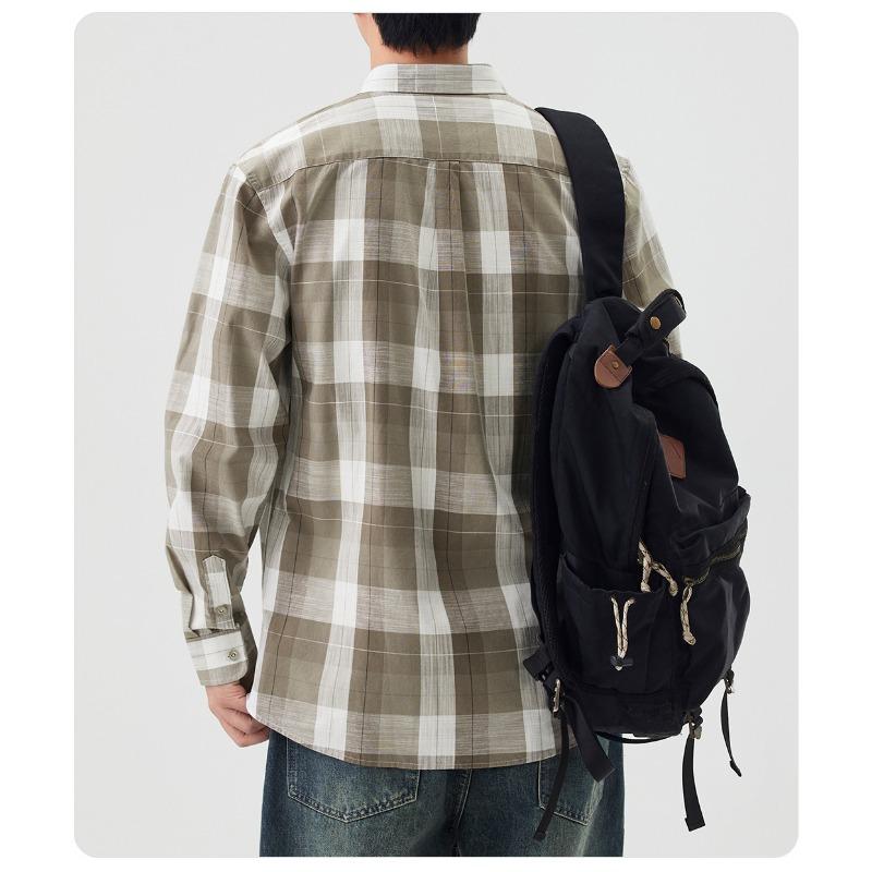 Men's Plaid Gradient Long Sleeve Button Down Shirt Casual Top.
