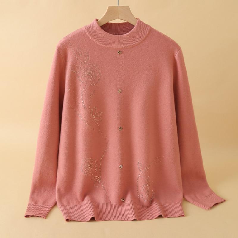 Mom's New Medium-knitted Bottomed Thickened Top, Piled Middle-aged and Elderly Autumn and Winter Warm Semi-turtleneck Sweater