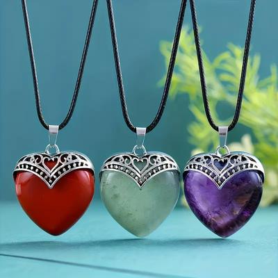 Women Amethysts Healing Heart Crystal Stone Pendant Necklace Accessories