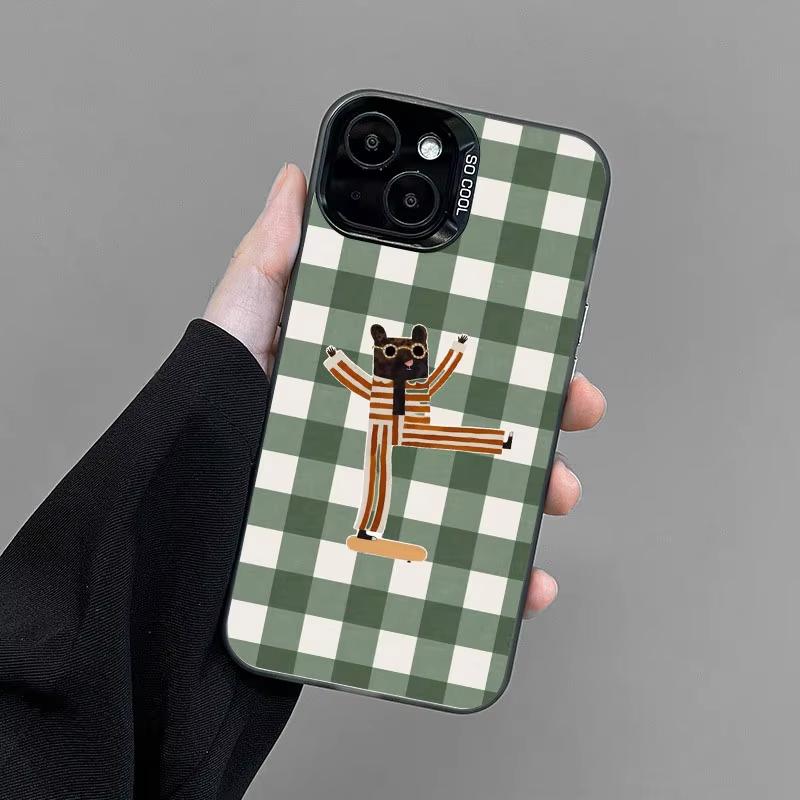 Cute Green And White Plaid Animal Phone Case For Samsung Galaxy S26 S25 Ultra S24 S23 FE S22 S21 Plus A56 A55 Hard Matte Cover