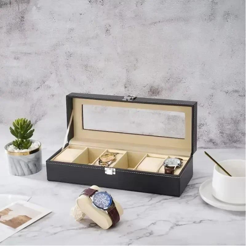 Hot Sale PU Leather Display Storage 2/3/6/10/12 Girds Collection Organizer Watch Box For Men Watch Display Case With Glass Top