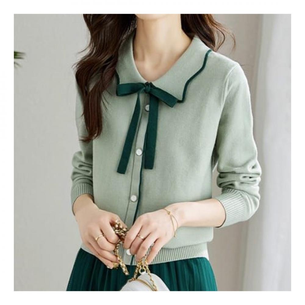 Navava Long Sleeve Ribon Neck Collar Knit Tee Nk1605