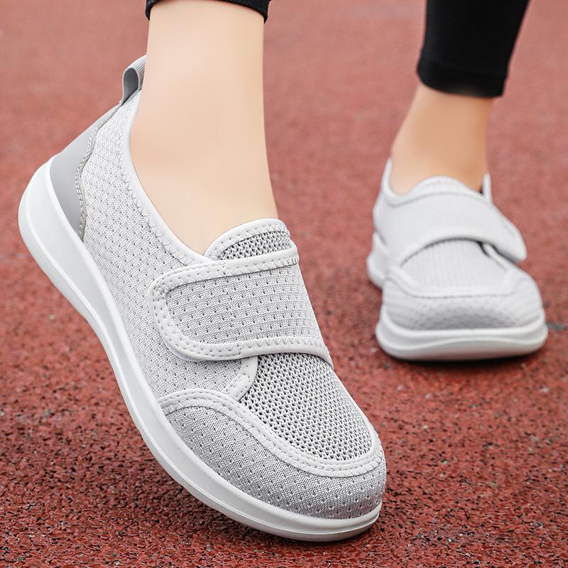 Unisex shoes spring fly-woven mesh breathable lightweight fashion single shoes widened Velcro rehabilitation walking shoes