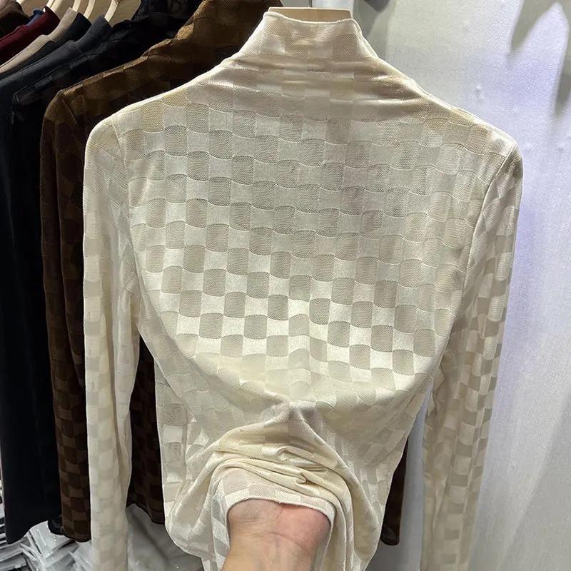 Europäisches Halbrollkragen Mesh Chiffon Shirt Frühlingsoberteile 2025 Neuer Modetrend Damen