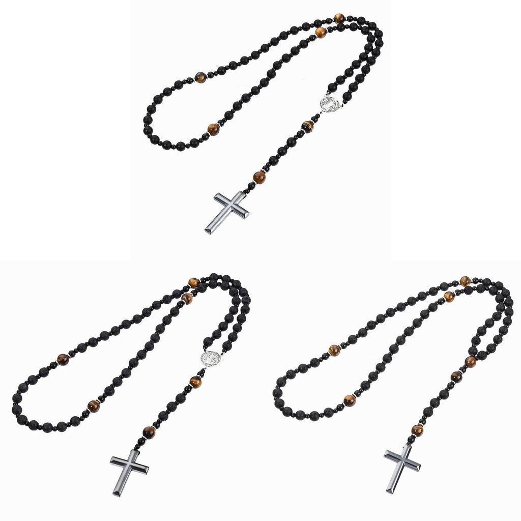 Collana Croce in Occhio di Tigre Vulcanico di Ossidiana per Uomo e Donna con Ciondolo Metallico Artigianale