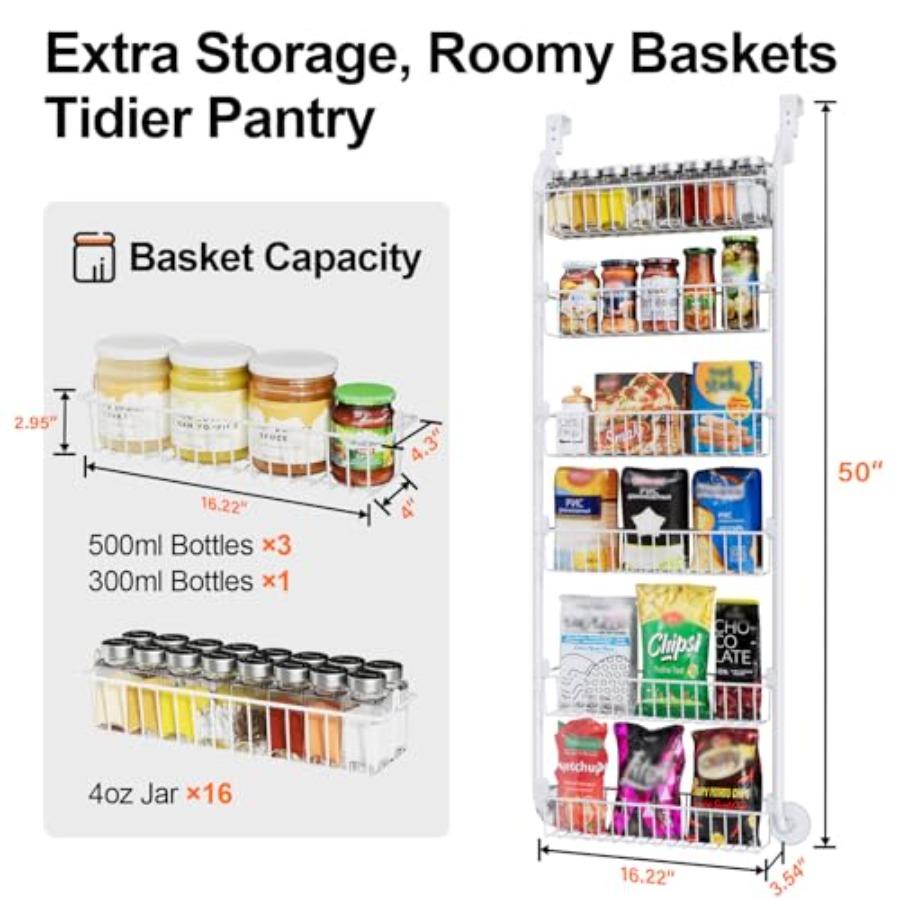 Over the Door Pantry Organizer 6-Tier Metal Cabinet Door Organizer Hanging Spice Rack Shelves for Kitchen Storage White D5 X W1