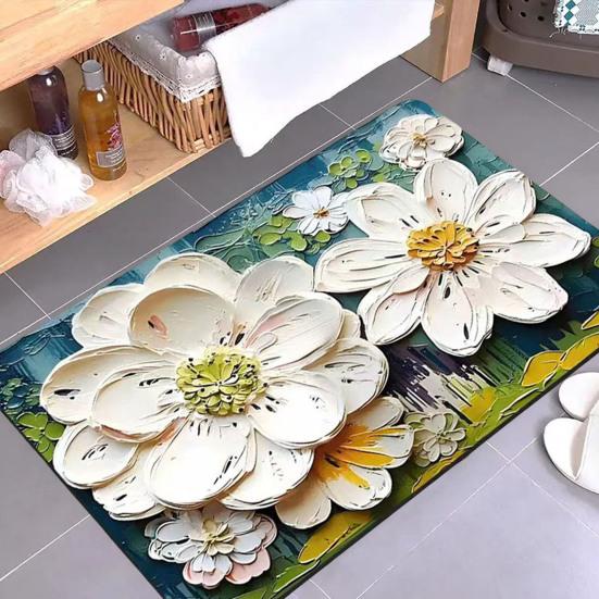 3D Floral Floor Mat Absorbent Diatomaceous Mud Rug Non-Slip Bathroom Entrance Carpet Quick Drying Mat for Living Room Kitchen