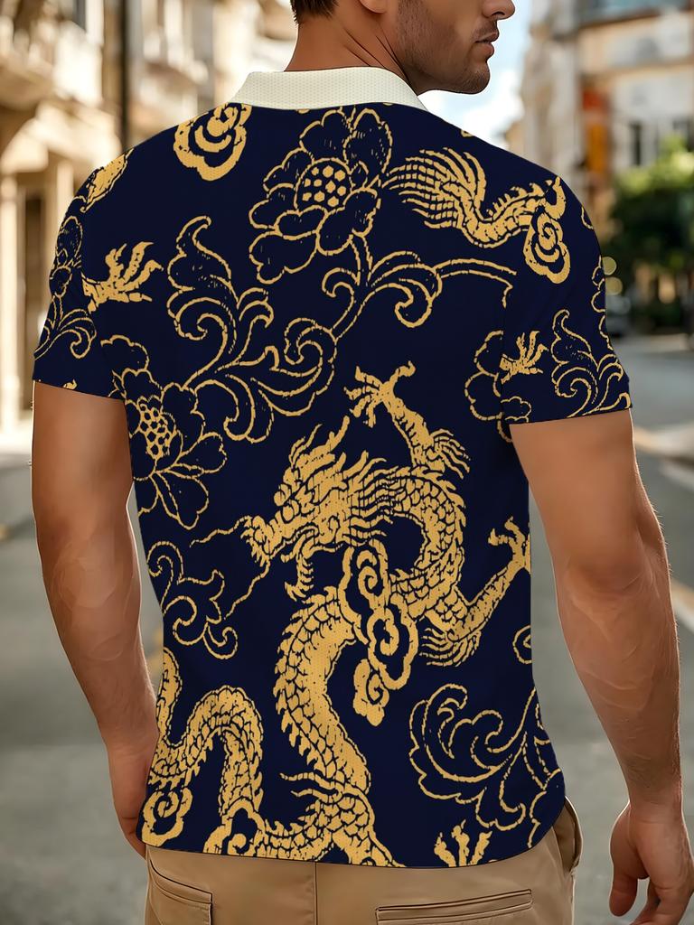 Men's Outdoor Polo Shirt, Available in Multiple Sizes. Men's Short-sleeve Polo Featuring a Navy Blue Base with an All-over Golden Dragon Print, and a