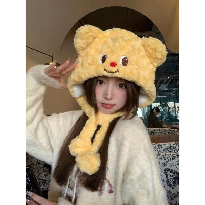 

Butter bear plush hat women s autumn and winter outdoor cold protection and warm ear protection cute cartoon knitted hat жёлтый