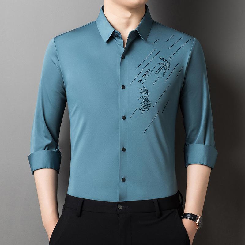 Autumn New Men's Long-sleeved Fitted Lapel Middle-aged Men's Casual Ready-made Printed Shirts
