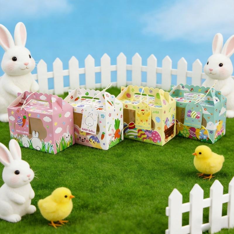 12Pcs Easter Themed Gift Packaging Boxes with Handles and Clear Window Candy Chocolate Holder Case for Holiday Supplies
